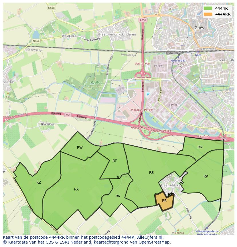 Afbeelding van het postcodegebied 4444 RR op de kaart.