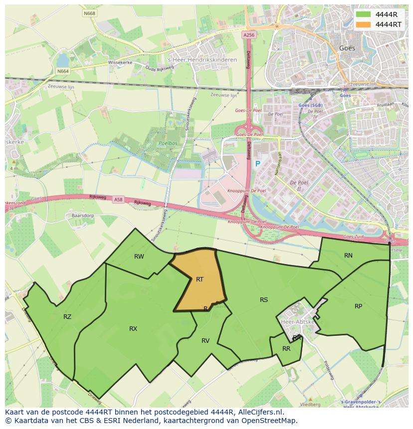 Afbeelding van het postcodegebied 4444 RT op de kaart.