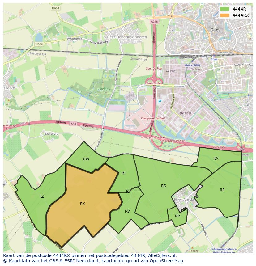 Afbeelding van het postcodegebied 4444 RX op de kaart.