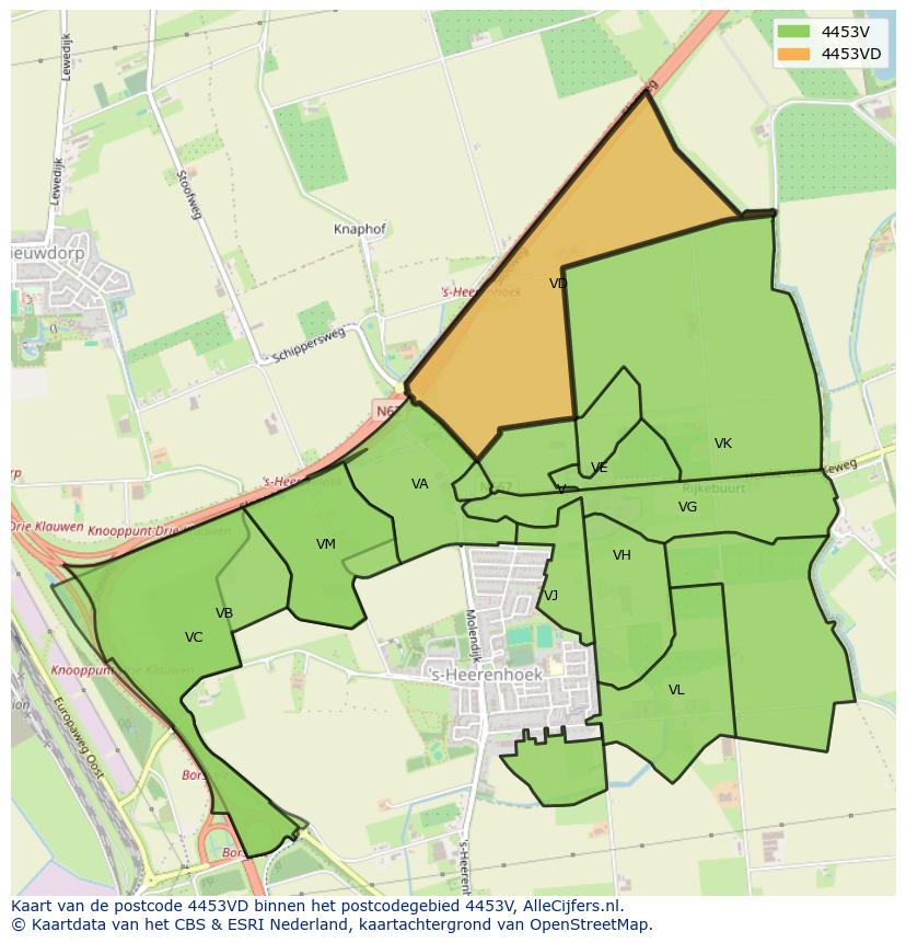 Afbeelding van het postcodegebied 4453 VD op de kaart.