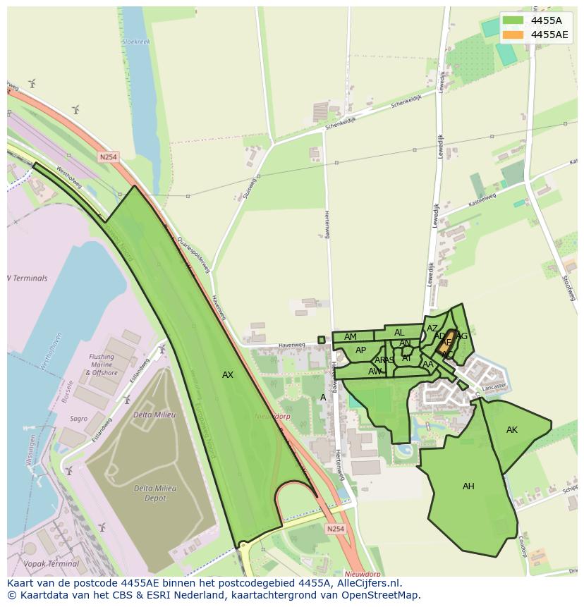 Afbeelding van het postcodegebied 4455 AE op de kaart.
