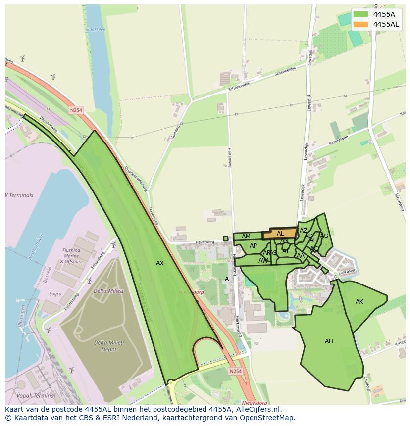 Afbeelding van het postcodegebied 4455 AL op de kaart.