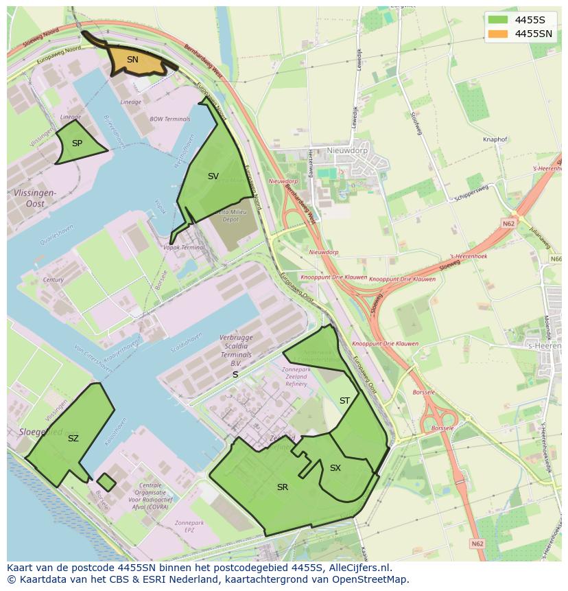 Afbeelding van het postcodegebied 4455 SN op de kaart.