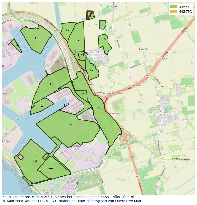 Afbeelding van het postcodegebied 4455 TC op de kaart.