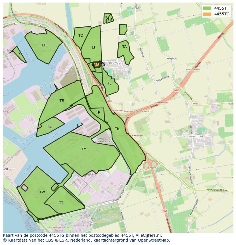 Afbeelding van het postcodegebied 4455 TG op de kaart.
