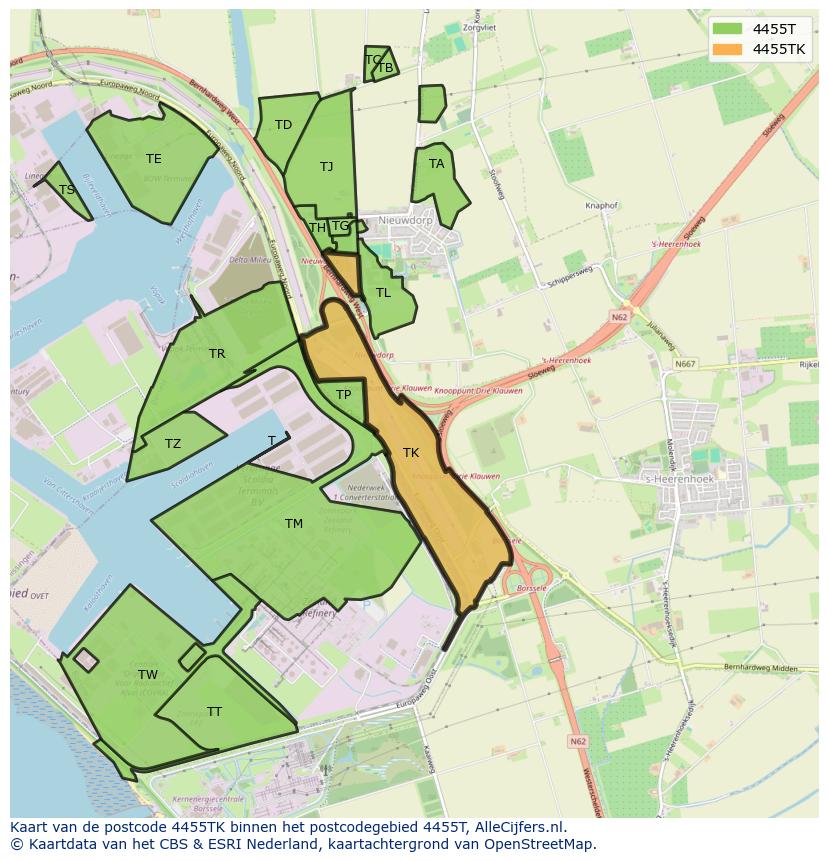 Afbeelding van het postcodegebied 4455 TK op de kaart.