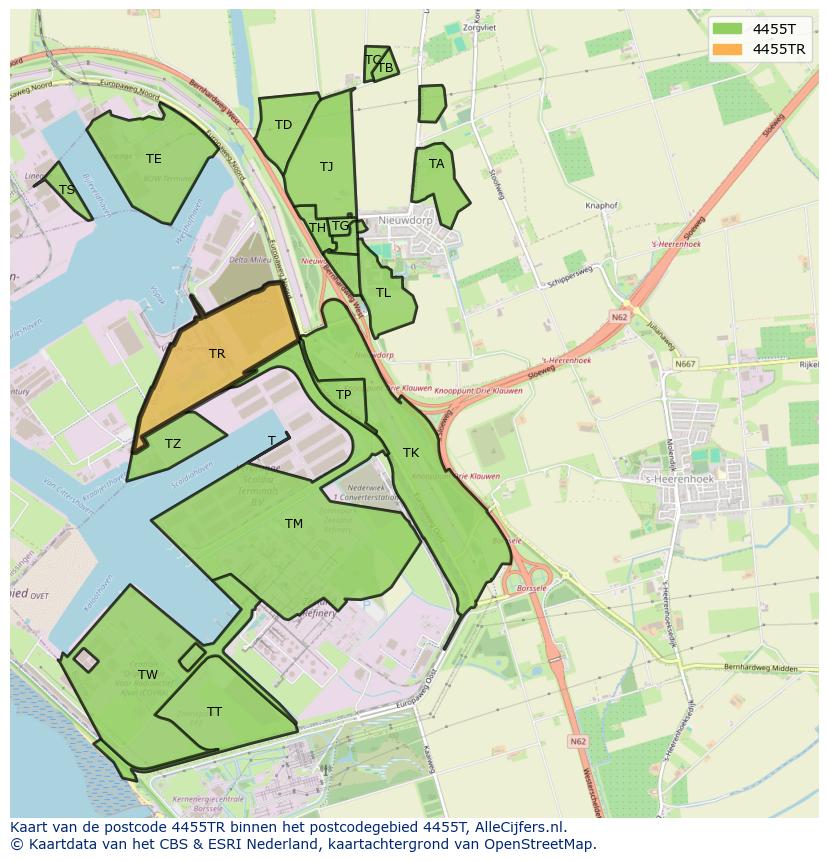 Afbeelding van het postcodegebied 4455 TR op de kaart.