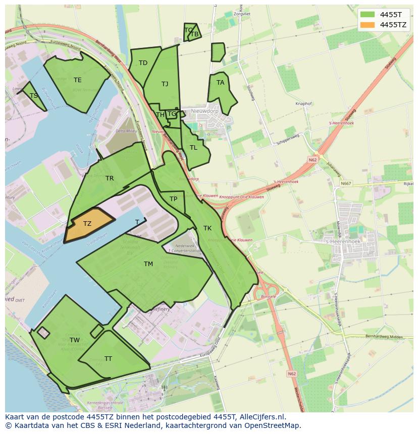 Afbeelding van het postcodegebied 4455 TZ op de kaart.