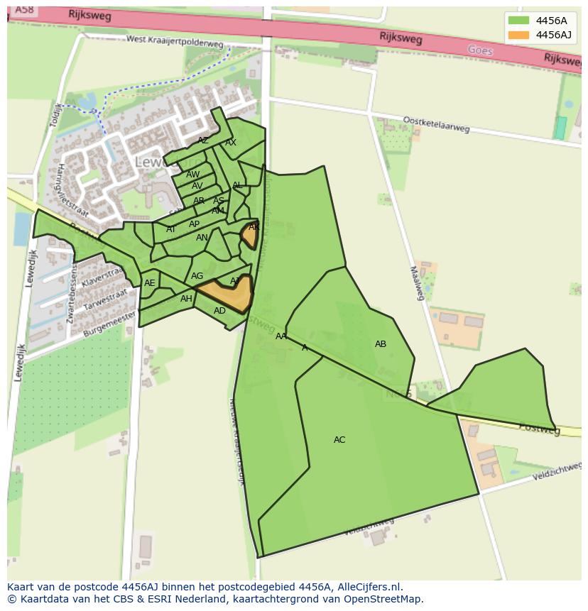 Afbeelding van het postcodegebied 4456 AJ op de kaart.