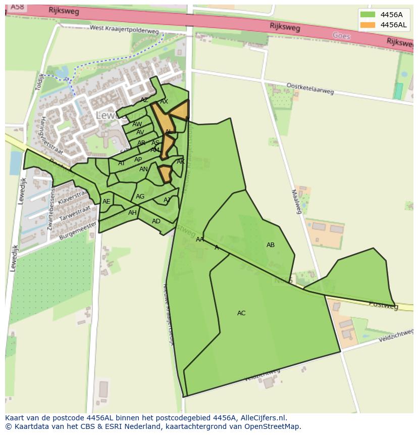 Afbeelding van het postcodegebied 4456 AL op de kaart.