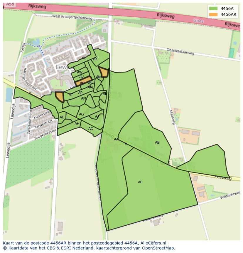 Afbeelding van het postcodegebied 4456 AR op de kaart.