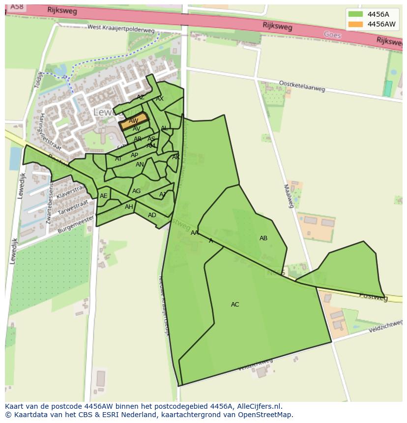 Afbeelding van het postcodegebied 4456 AW op de kaart.