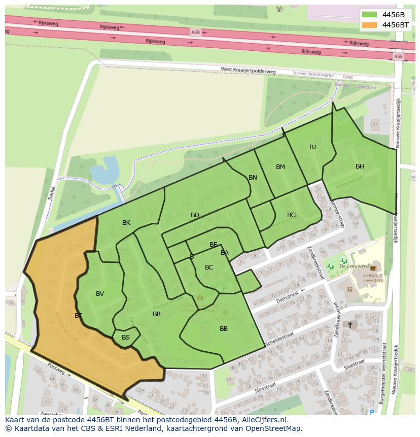 Afbeelding van het postcodegebied 4456 BT op de kaart.