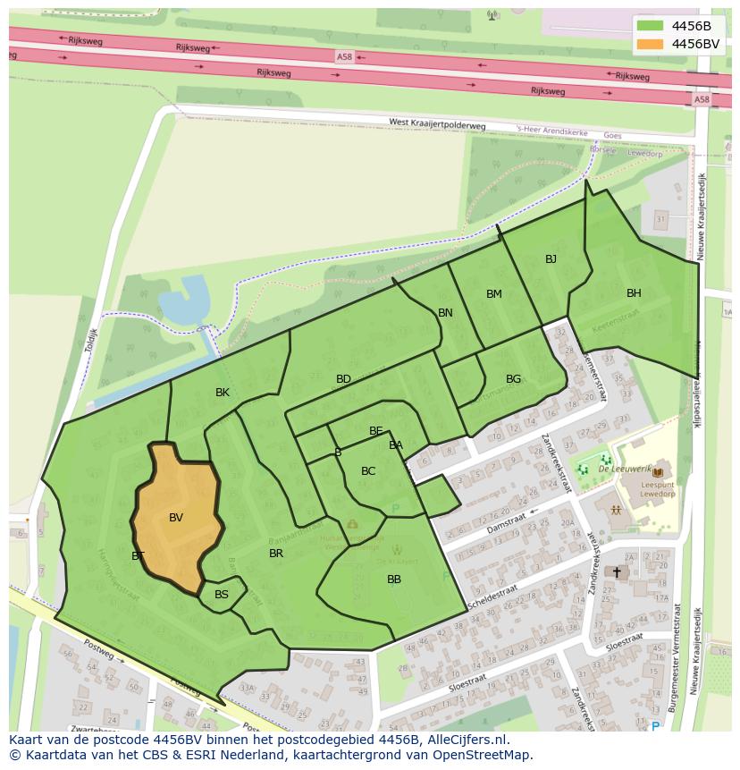 Afbeelding van het postcodegebied 4456 BV op de kaart.