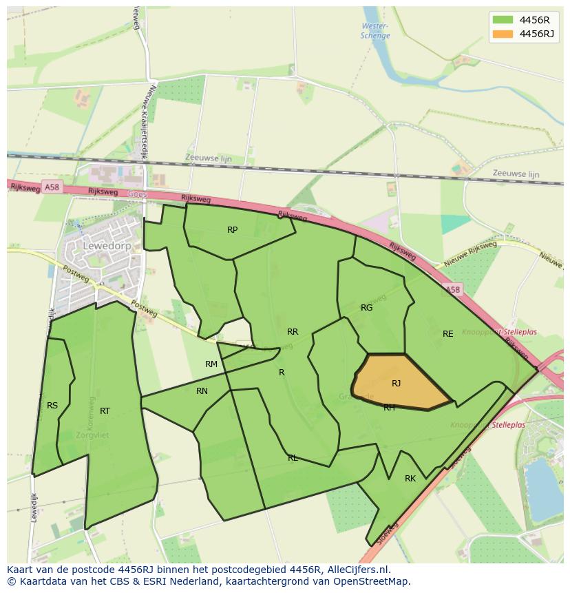 Afbeelding van het postcodegebied 4456 RJ op de kaart.