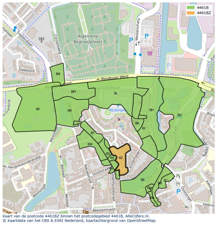 Afbeelding van het postcodegebied 4461 BZ op de kaart.