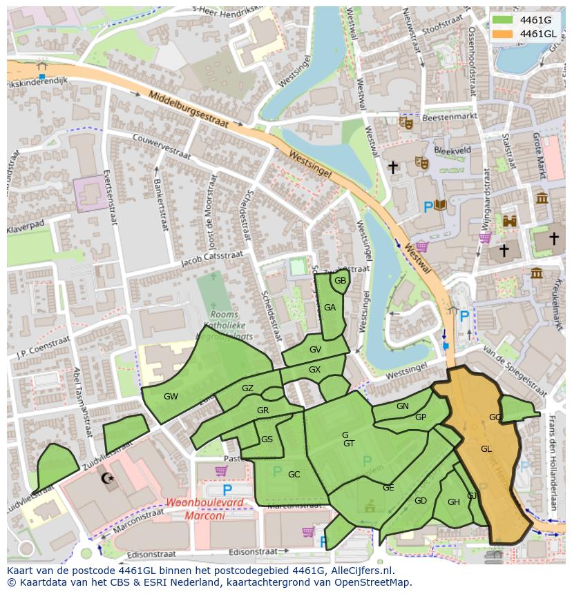 Afbeelding van het postcodegebied 4461 GL op de kaart.