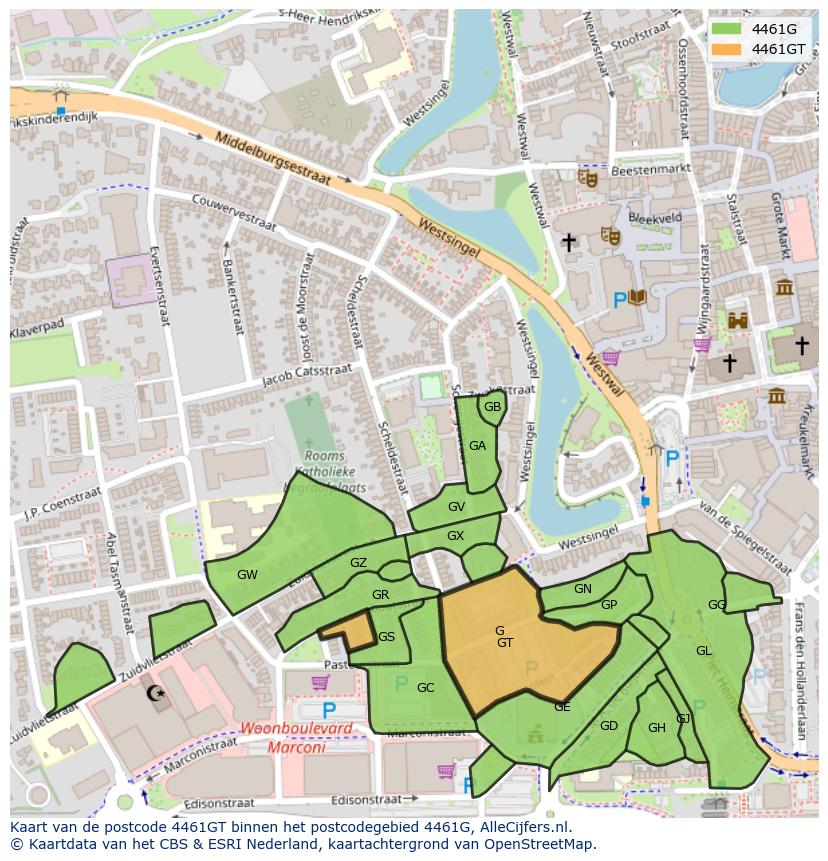 Afbeelding van het postcodegebied 4461 GT op de kaart.