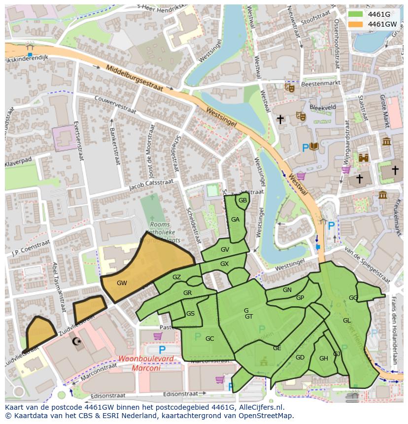 Afbeelding van het postcodegebied 4461 GW op de kaart.