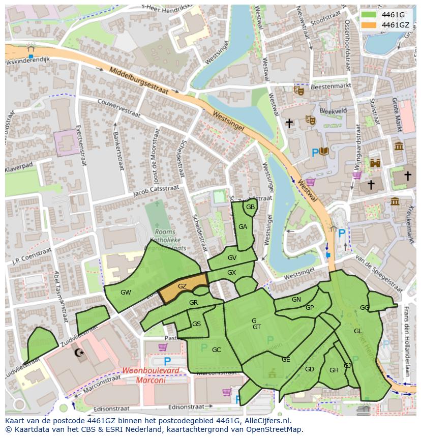 Afbeelding van het postcodegebied 4461 GZ op de kaart.