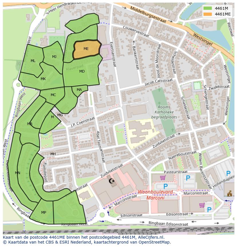 Afbeelding van het postcodegebied 4461 ME op de kaart.