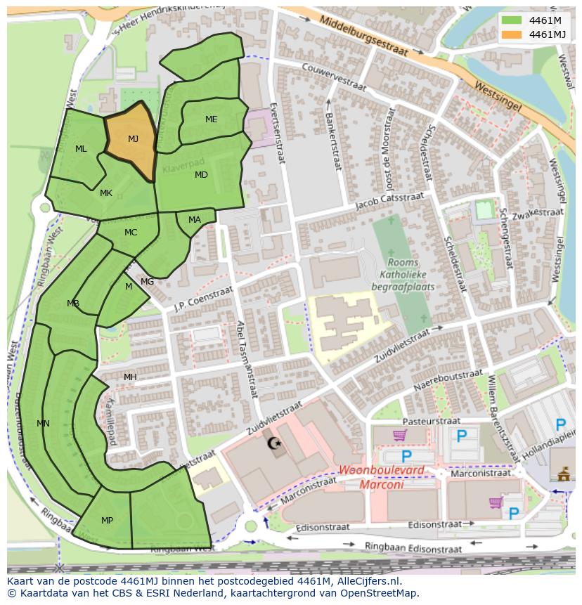 Afbeelding van het postcodegebied 4461 MJ op de kaart.