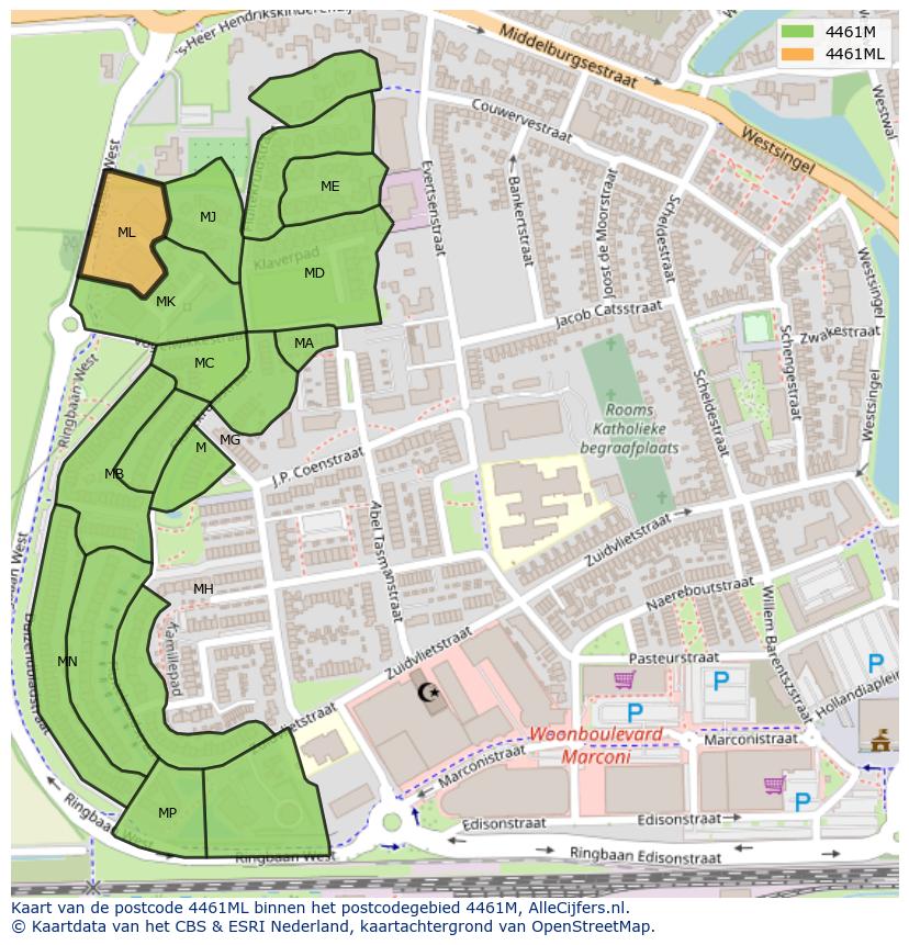 Afbeelding van het postcodegebied 4461 ML op de kaart.