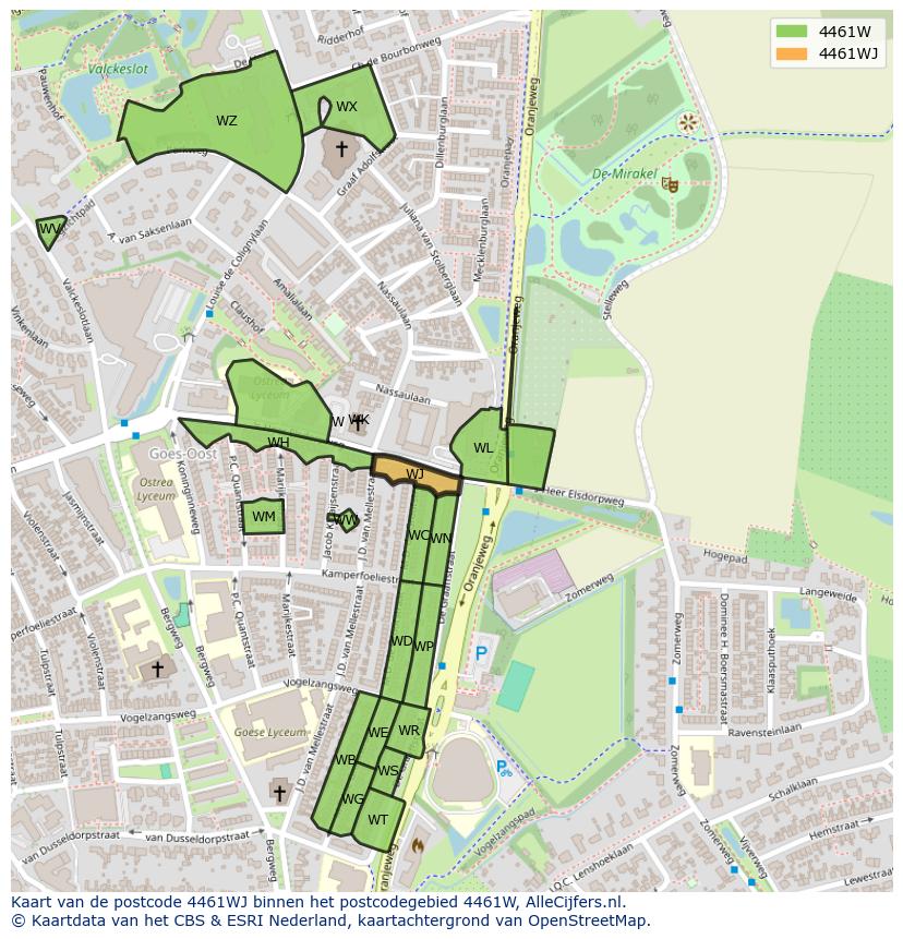 Afbeelding van het postcodegebied 4461 WJ op de kaart.