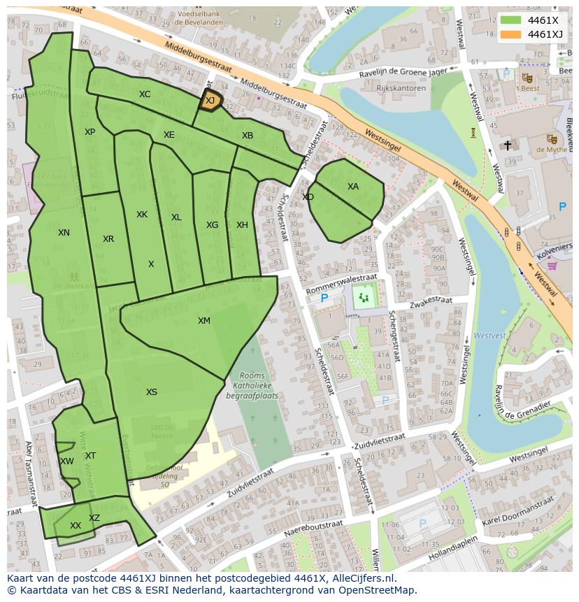 Afbeelding van het postcodegebied 4461 XJ op de kaart.