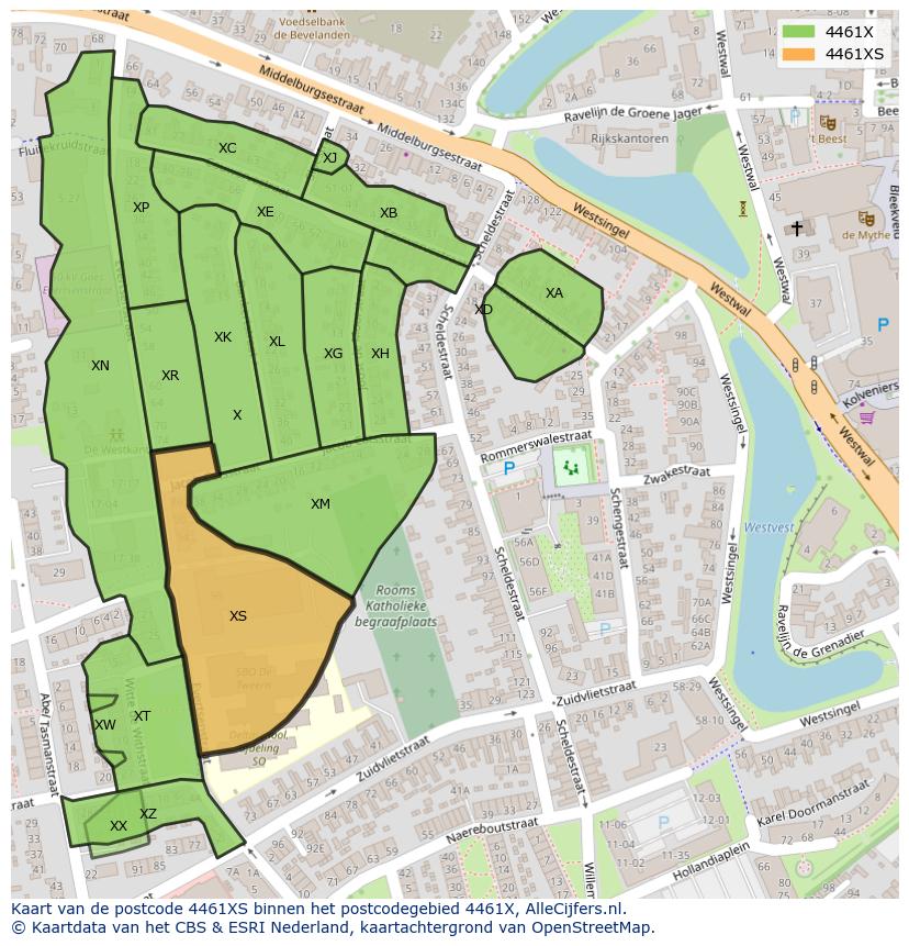 Afbeelding van het postcodegebied 4461 XS op de kaart.