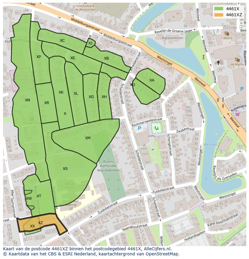 Afbeelding van het postcodegebied 4461 XZ op de kaart.
