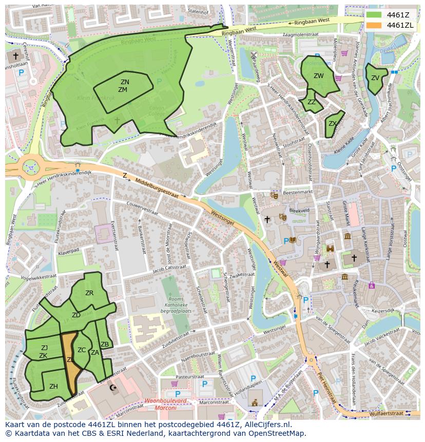 Afbeelding van het postcodegebied 4461 ZL op de kaart.