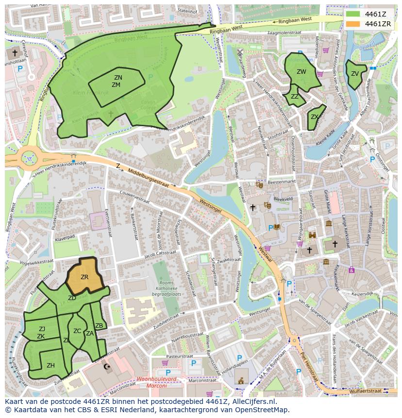 Afbeelding van het postcodegebied 4461 ZR op de kaart.