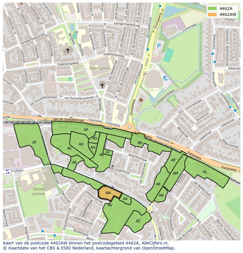 Afbeelding van het postcodegebied 4462 AW op de kaart.