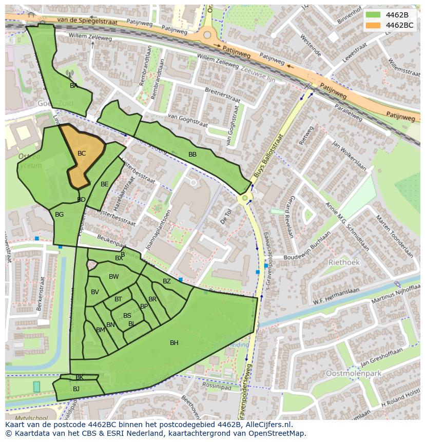Afbeelding van het postcodegebied 4462 BC op de kaart.