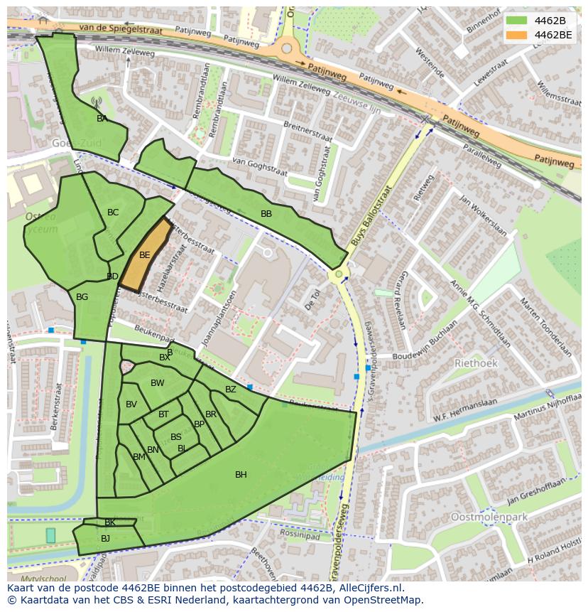 Afbeelding van het postcodegebied 4462 BE op de kaart.