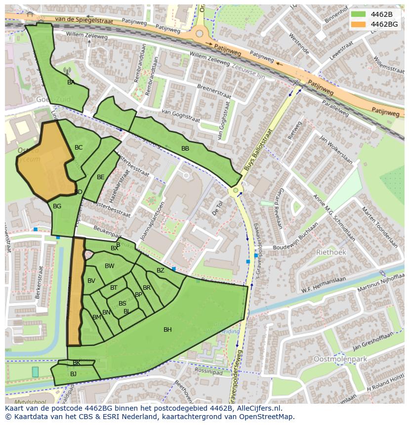 Afbeelding van het postcodegebied 4462 BG op de kaart.