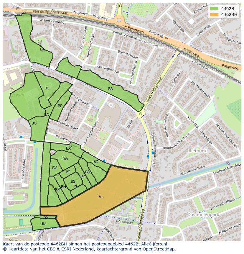 Afbeelding van het postcodegebied 4462 BH op de kaart.