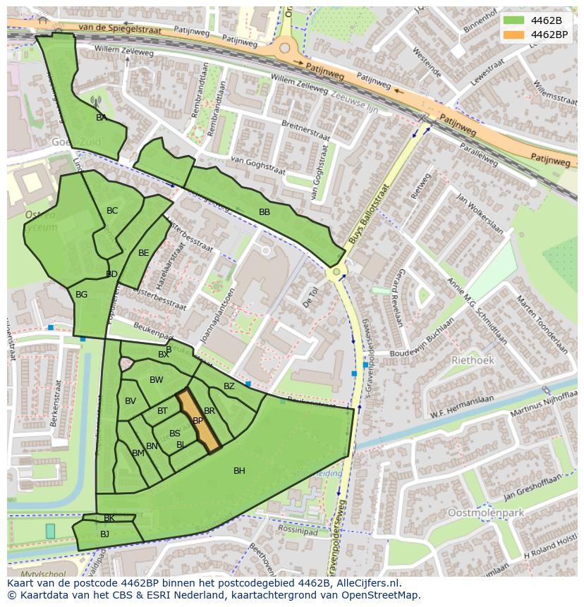 Afbeelding van het postcodegebied 4462 BP op de kaart.