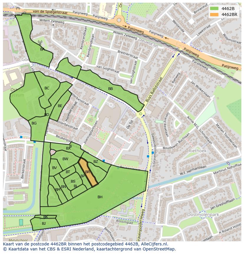 Afbeelding van het postcodegebied 4462 BR op de kaart.