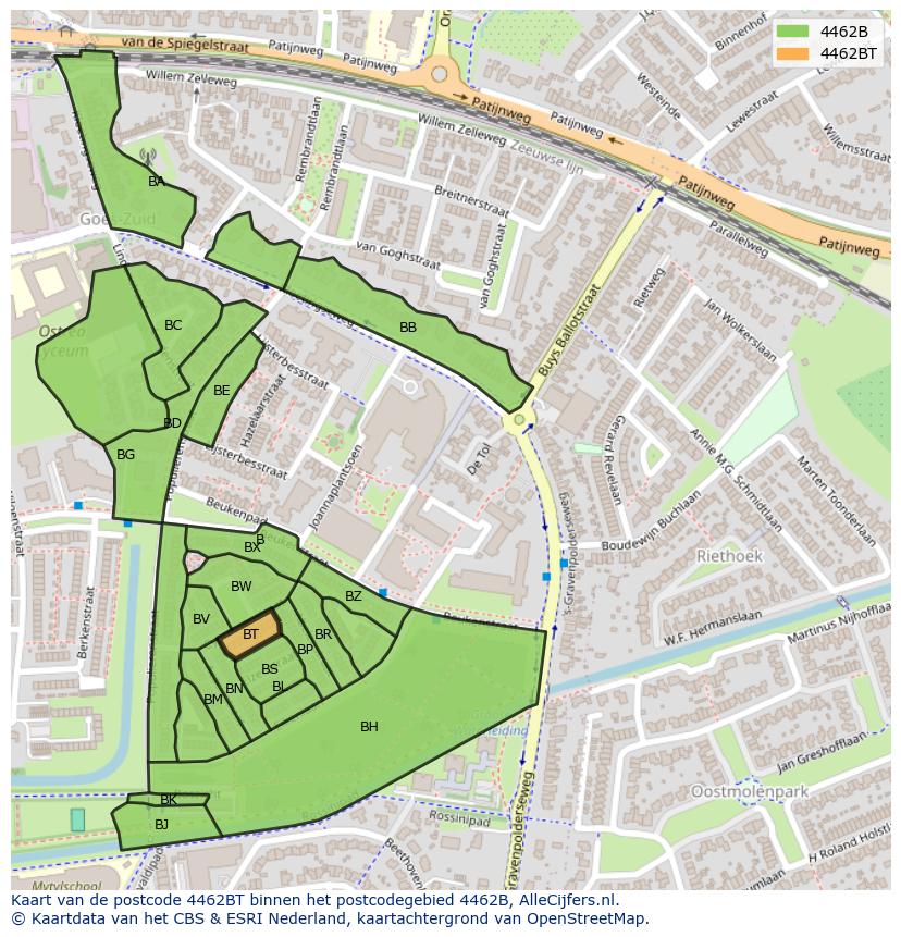 Afbeelding van het postcodegebied 4462 BT op de kaart.