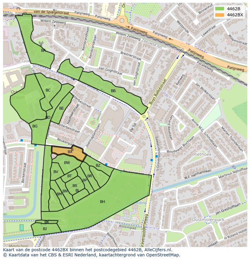 Afbeelding van het postcodegebied 4462 BX op de kaart.