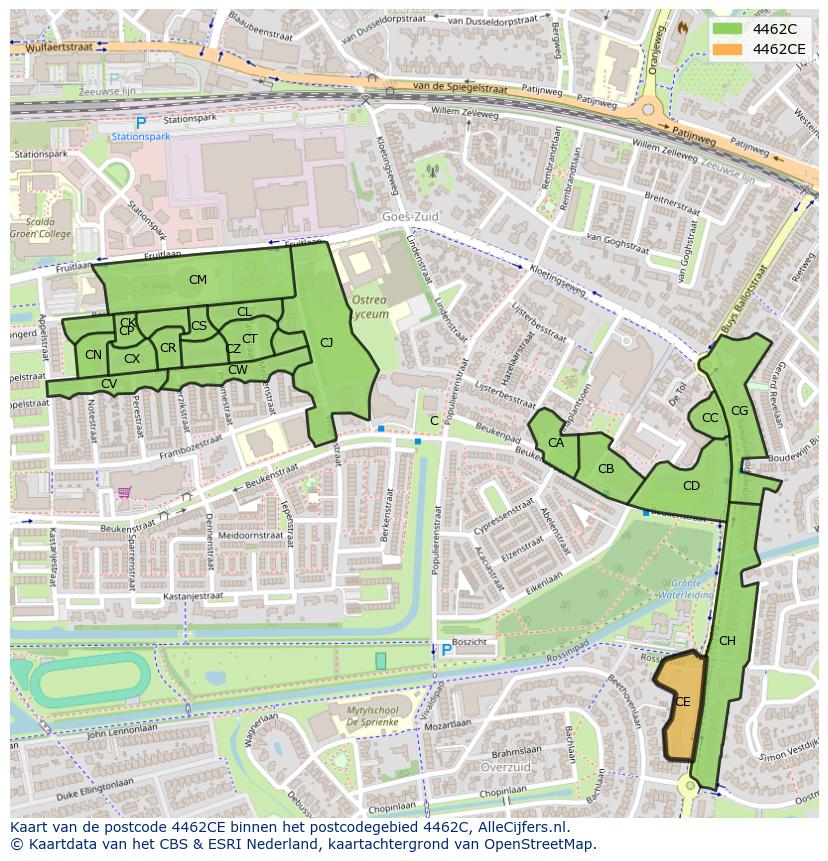Afbeelding van het postcodegebied 4462 CE op de kaart.
