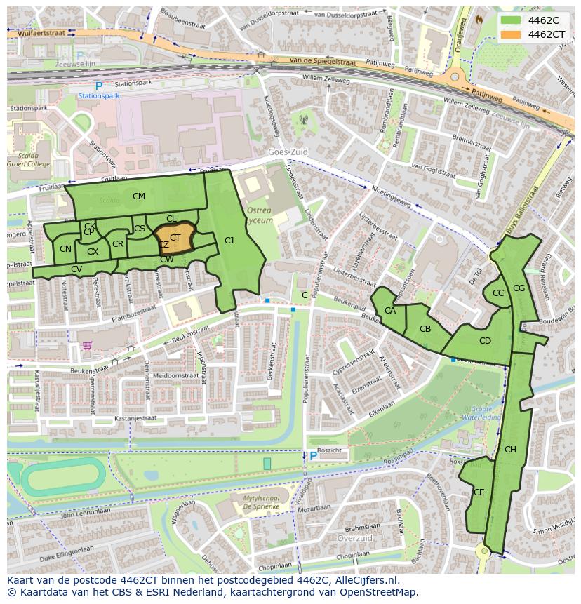 Afbeelding van het postcodegebied 4462 CT op de kaart.