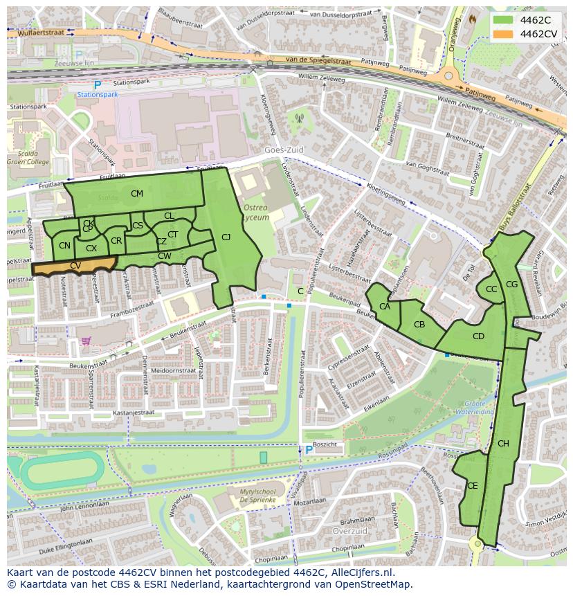Afbeelding van het postcodegebied 4462 CV op de kaart.