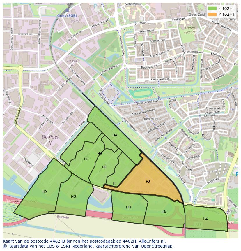 Afbeelding van het postcodegebied 4462 HJ op de kaart.