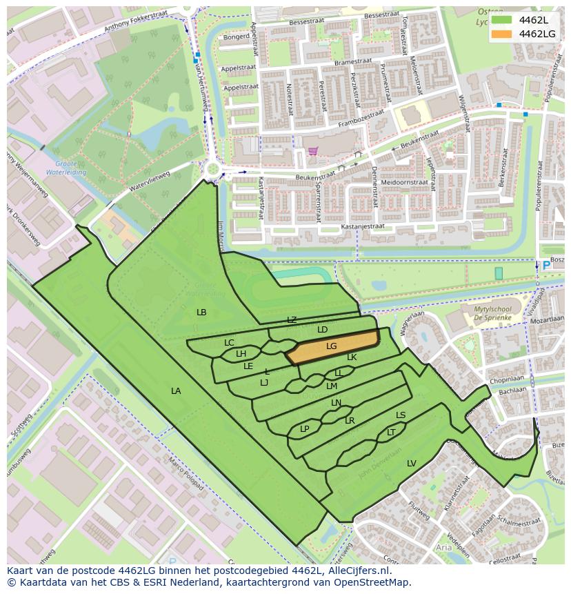Afbeelding van het postcodegebied 4462 LG op de kaart.
