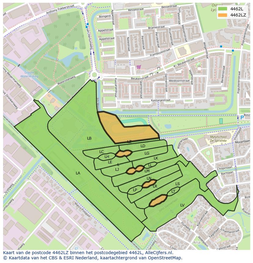 Afbeelding van het postcodegebied 4462 LZ op de kaart.