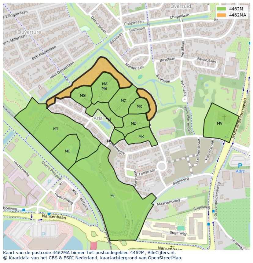Afbeelding van het postcodegebied 4462 MA op de kaart.