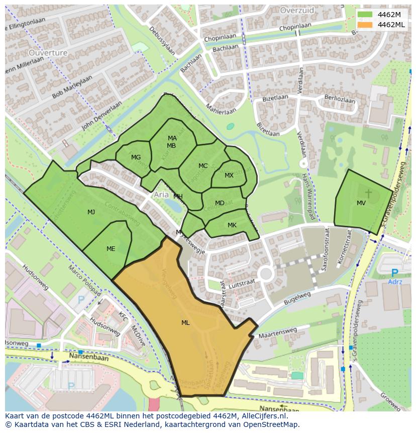 Afbeelding van het postcodegebied 4462 ML op de kaart.